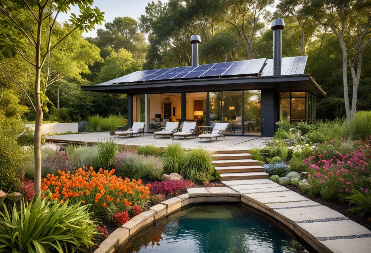 A serene landscape featuring a modern eco-friendly home surrounded by lush greenery, solar panels on the roof, and wind turbines in the distance. Add soft sunlight filtering through the trees, highlighting a garden with vibrant flowers and a small water feature. Incorporate elements of elegance such as a stylish outdoor seating area made of sustainable materials. super-realistic. vibrant colors. natural light.